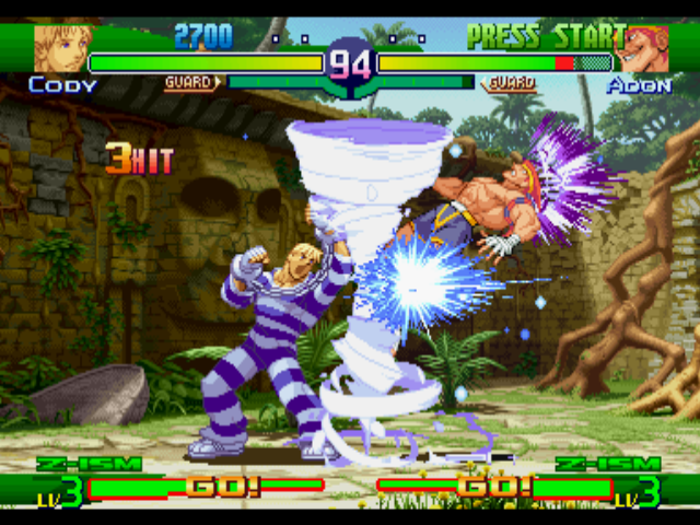 Street Fighter Alpha 3 (PlayStation) screenshot: Final Fight's Cody smashes Adon through 3 current hits of his hurricane-based move Criminal Upper.