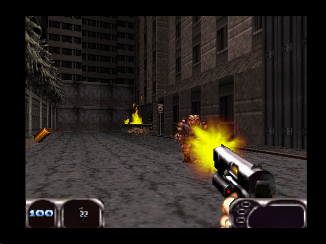 Duke Nukem 64 (Nintendo 64) screenshot: Another alien gunned down on the streets of L.A.