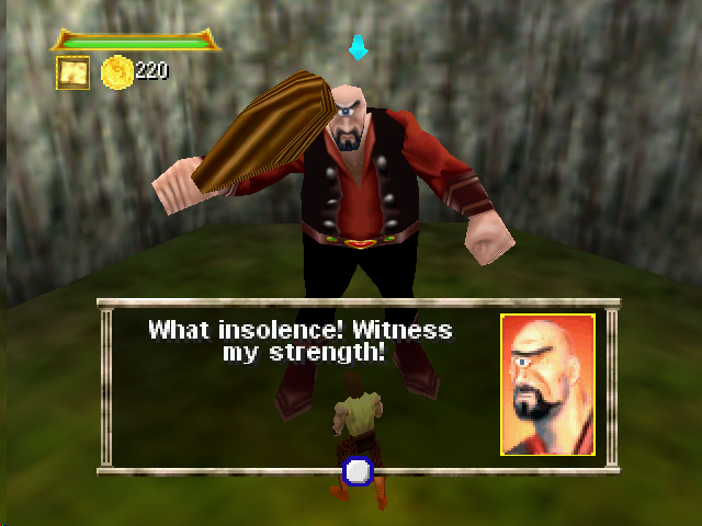 Hercules: The Legendary Journeys (Nintendo 64) screenshot: The first boss fight is a cyclops.