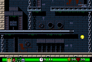 Pac-in-Time (Amiga CD32) screenshot: Our hero reaches some factory where he has to struggle with security guards, falling packages, troleys and stuff...