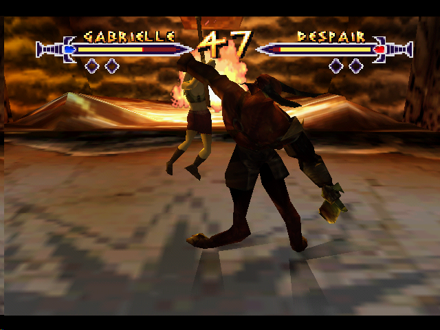 Xena: Warrior Princess - The Talisman of Fate (Nintendo 64) screenshot: Despair has Gabrielle by the head