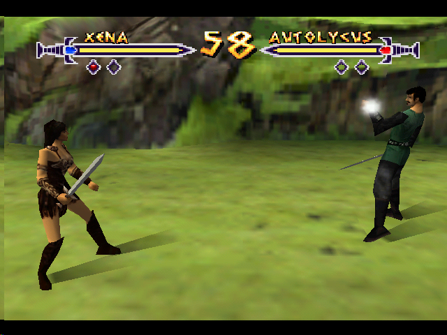 Xena: Warrior Princess - The Talisman of Fate (Nintendo 64) screenshot: Autolycus prepares to throw a dagger at Xena