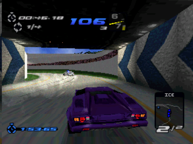 Need for Speed III: Hot Pursuit (PlayStation) screenshot: Close-up third person. That's a cop up ahead.