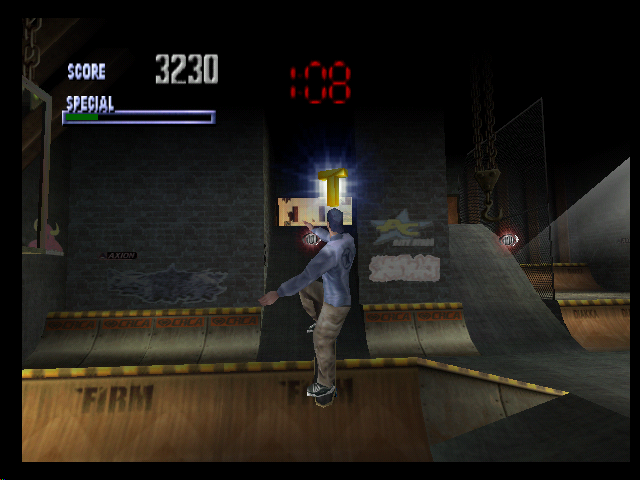 Tony Hawk's Pro Skater (Nintendo 64) screenshot: Bob Burnquist in the warehouse. You must collect all the letters in "skate" in each level.