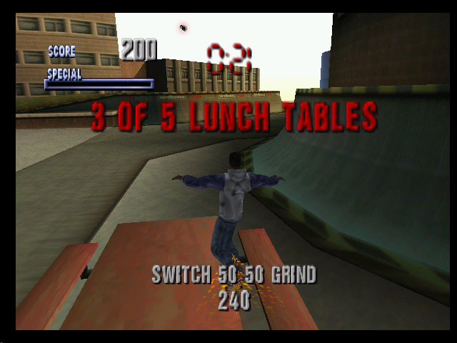 Tony Hawk's Pro Skater (Nintendo 64) screenshot: Kareem Campbell doing the grind the tables goal at the school
