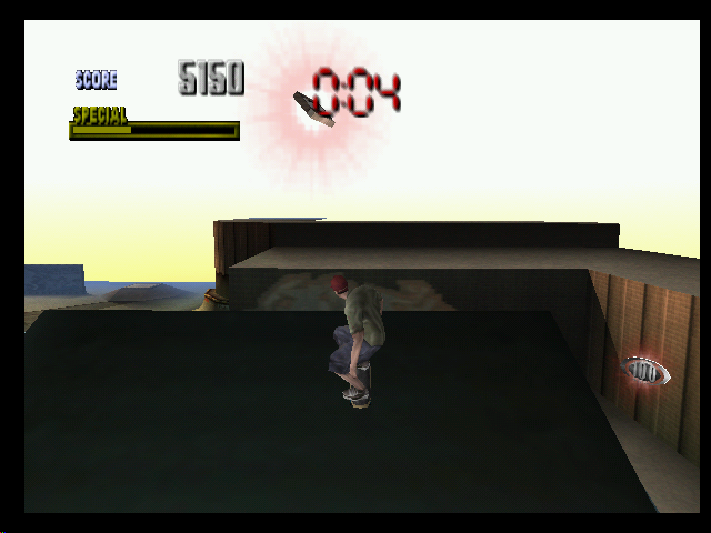 Tony Hawk's Pro Skater (Nintendo 64) screenshot: Bucky Lasek getting ready to launch over the first gap at the school