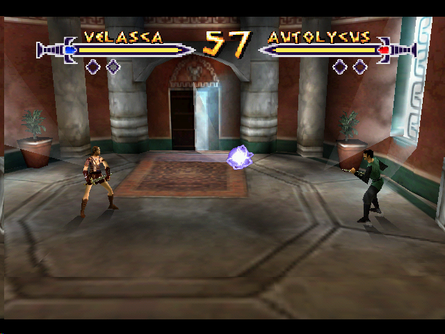 Xena: Warrior Princess - The Talisman of Fate (Nintendo 64) screenshot: Velasca throws a lightning ball at Autolycus