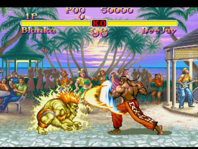 Street Fighter Collection (PlayStation) screenshot: Blanka tries to use his Electric Thunder move in Dee Jay, but he strikes back with his Max Out...