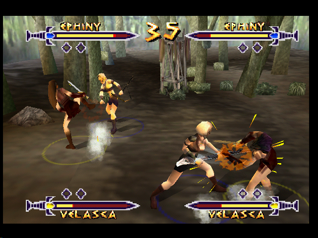 Xena: Warrior Princess - The Talisman of Fate (Nintendo 64) screenshot: Team battle: two Ephinys vs. two Velascas