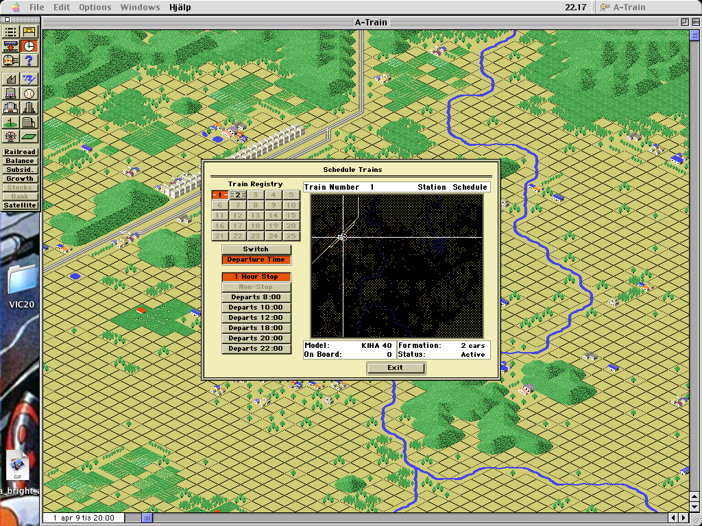 A-Train (Macintosh) screenshot: Setting departure times and routes