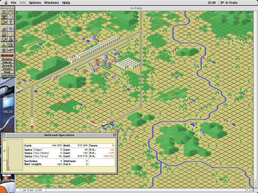 A-Train (Macintosh) screenshot: The cash flow doesn't look good