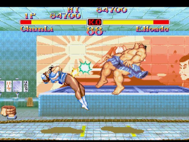 Street Fighter Collection (PlayStation) screenshot: The impact of Chun-Li's Spinning Bird Kick and E. Honda's aerial offensive went too much for both!