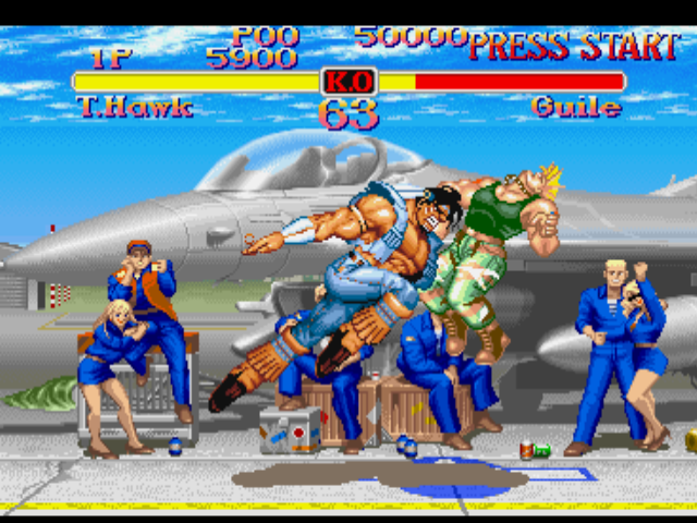 Street Fighter Collection (PlayStation) screenshot: Guile's premise of attacking Thunder Hawk is suddenly interrupted by his Tomahawk Buster move...