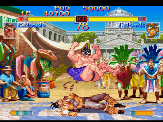 Street Fighter Collection (PlayStation) screenshot: Now, Edmond Honda is about to butt-finish his new grabbing move Ooichou Nage in Thunder Hawk!