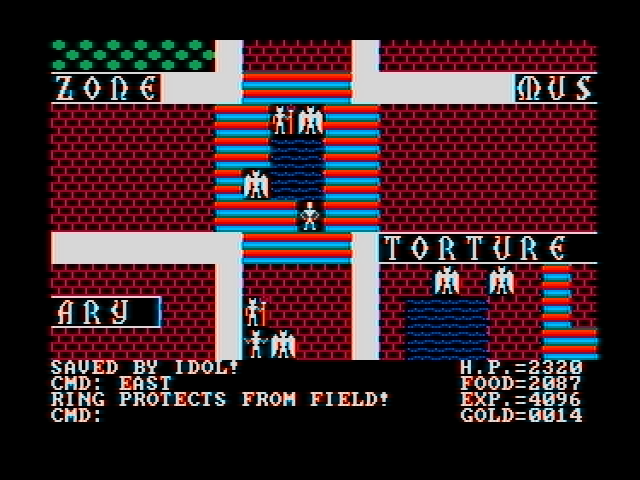Ultima II: The Revenge of the Enchantress... (DOS) screenshot: Minax's guards lead you a merry chase throughout Castle Shadow Guard. Even with 9999 hp you can't possibly kill them all, so run, don't walk (CGA with composite monitor)