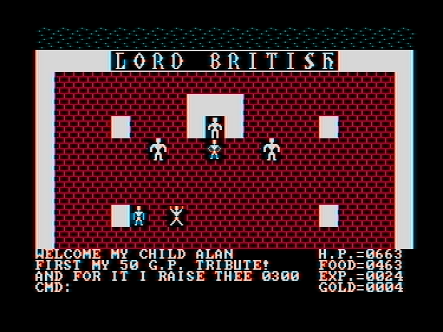 Ultima II: The Revenge of the Enchantress... (DOS) screenshot: Lord British will sell you hit points in exchange for gold, but he won't do jack for you if you're poor. Seems compassion hasn't been invented yet. (CGA with composite monitor)