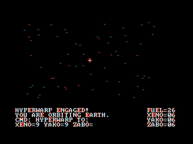 Ultima II: The Revenge of the Enchantress... (DOS) screenshot: Space travel is much simpler than in Ultima I, as you don't have to worry about station docking or space battles. Don't run out of fuel, though. (CGA with composite monitor)