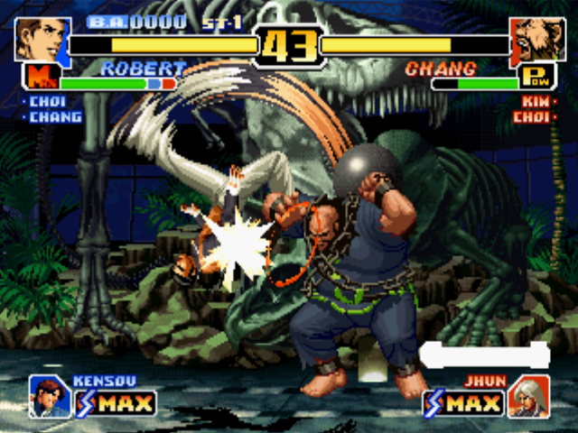 The King of Fighters '99: Millennium Battle (PlayStation) screenshot: Chang Koehan's move Tekkyuu Taiko Uchi successfully reversing Robert Garcia's Ryuu Zanshou effect.
