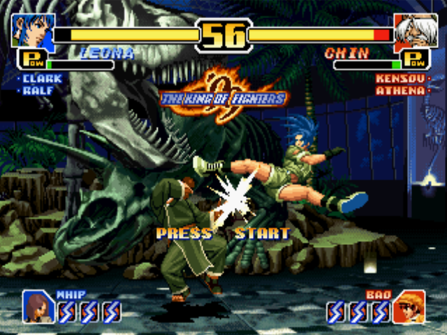 The King of Fighters '99: Millennium Battle (PlayStation) screenshot: Demonstration match with Leona Heidern successfully hitting Chin Gentsai through her High Kick.