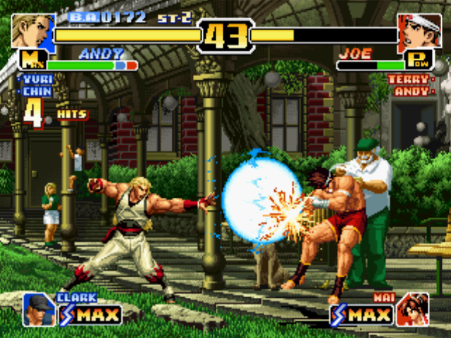 The King of Fighters '99: Millennium Battle (PlayStation) screenshot: To say the true, Joe Higashi is in a big trouble with the 4 hits of Andy Bogard's Geki Hishou Ken...