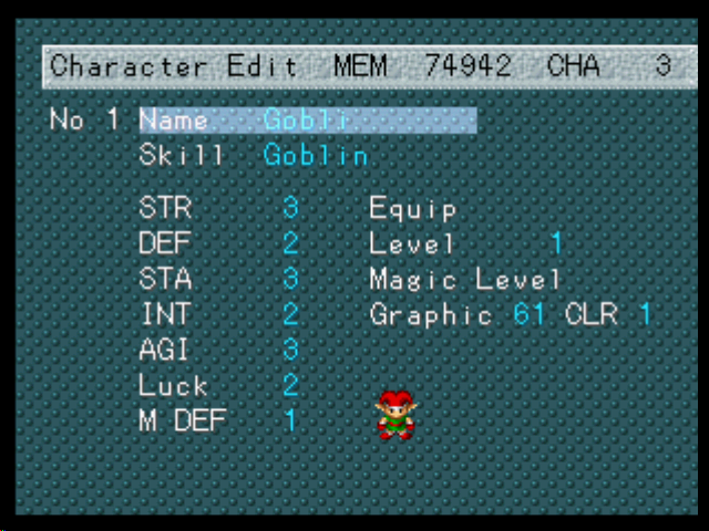 RPG Maker (PlayStation) screenshot: character editor