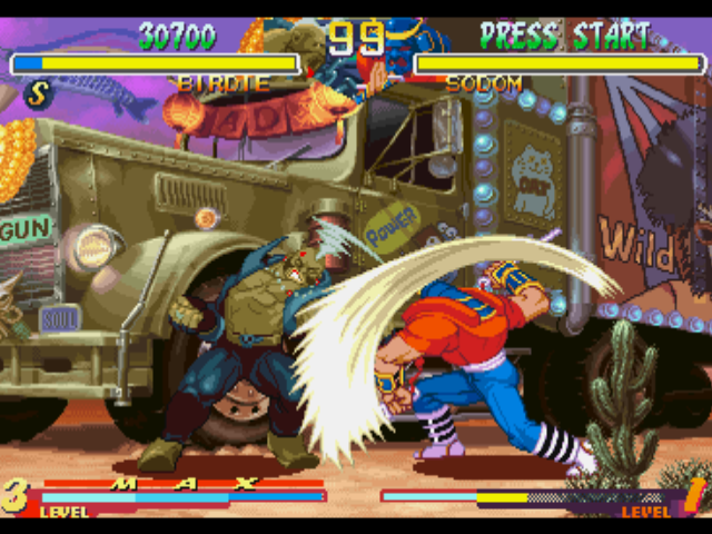 Street Fighter Collection (PlayStation) screenshot: A simultaneous-clashing-attack involving both Birdie's head-based move and Sodom's Jigoku Scrape.