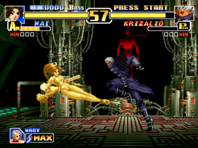 The King of Fighters '99: Millennium Battle (PlayStation) screenshot: An Armored-Mode Mai fails in trying to hit Krizalid (Mid-Boss Form) with the Body Blow Attack...