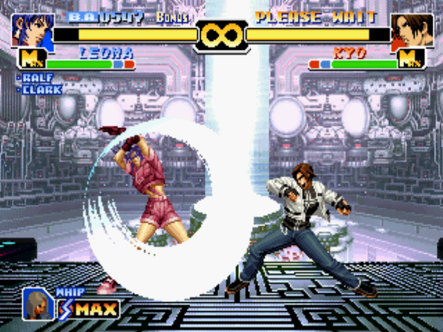The King of Fighters '99: Millennium Battle (PlayStation) screenshot: Through his 114 Shiki: Aragami move, Kyo Kusanagi aims to stop Leona Heidern's Moon Slasher attack.