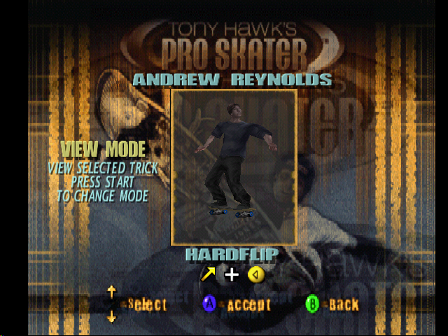 Tony Hawk's Pro Skater (Nintendo 64) screenshot: Andrews Reynolds in tutorial mode. This shows you how to do all the tricks.