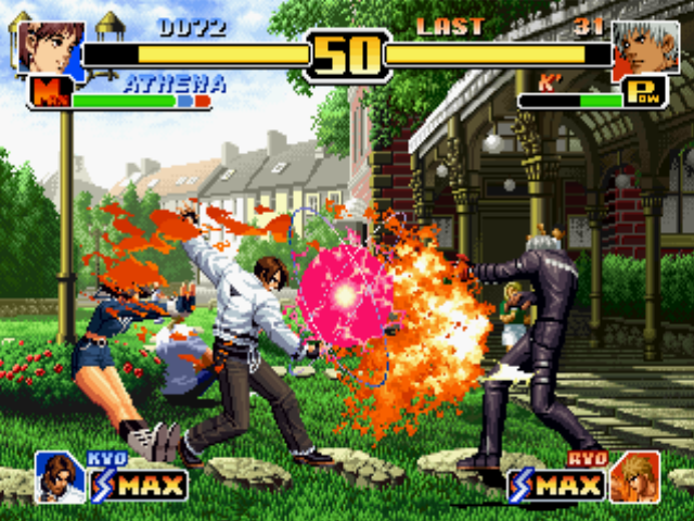 The King of Fighters '99: Millennium Battle (PlayStation) screenshot: Athena's Psycho Shoot and Kyo's Ura 108 Shiki: Orochi Nagi: it's formed a team-up attack against K'!