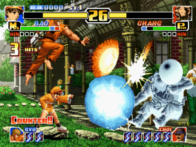 The King of Fighters '99: Millennium Battle (PlayStation) screenshot: Bao's Psycho Ball Attack: DX and Ryo's Kuuchuu Ko'ou Ken: this duo attack damages Chang massively!