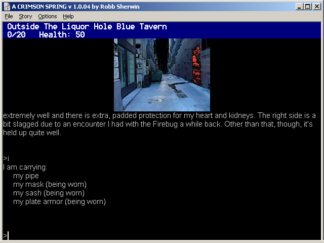 A Crimson Spring (Windows) screenshot: Superhero-type inventory