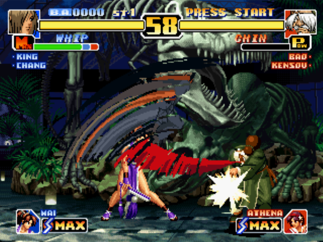 The King of Fighters '99: Millennium Battle (PlayStation) screenshot: Whip attacks successfully Chin Gentsai with her fast-speeding move S.S. Type A "Code: Yuuetsu".