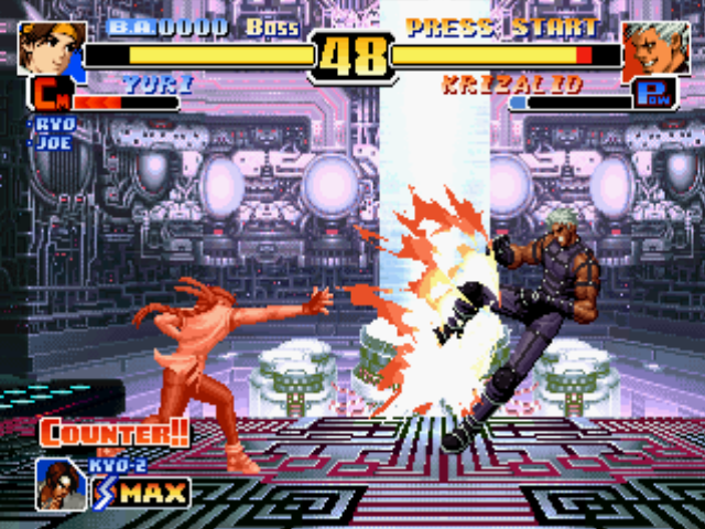 The King of Fighters '99: Millennium Battle (PlayStation) screenshot: Yuri Sakazaki (now with Counter Mode activated) hits Krizalid (Last Boss Form) with his Ko'ou Ken.