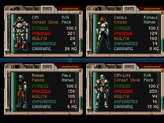 Hired Guns (Amiga) screenshot: Stats of each player