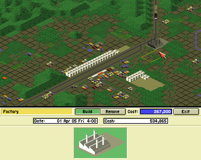 A-Train (Amiga) screenshot: Building some strategically placed factories