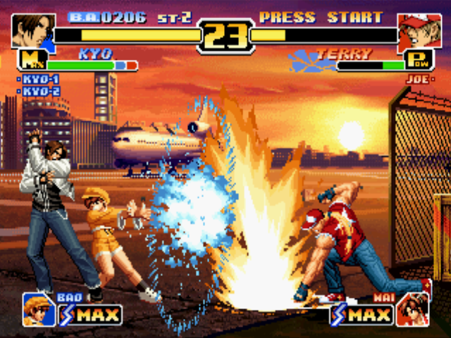 The King of Fighters '99: Millennium Battle (PlayStation) screenshot: Terry Bogard executes his DM Power Geyser and annuls Bao's Psycho Ball Attack MAX offensive action!