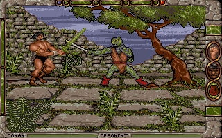 Conan: The Cimmerian (DOS) screenshot: The lizards are not too fond of visitors. Only a lizard sword can penetrate their skin.