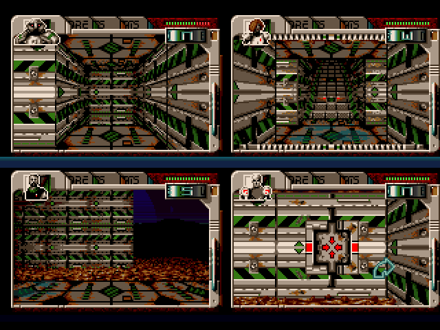 Hired Guns (Amiga) screenshot: A secret passage opens, with a hole down