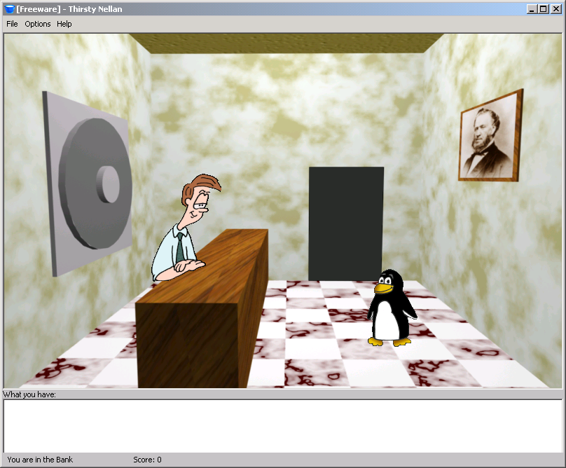 Thirsty Nellan (Windows) screenshot: Starting location -- you (the penguin), Mr. Klinkoyn the banker, a vault and a portrait of Brigham Young for good measure.