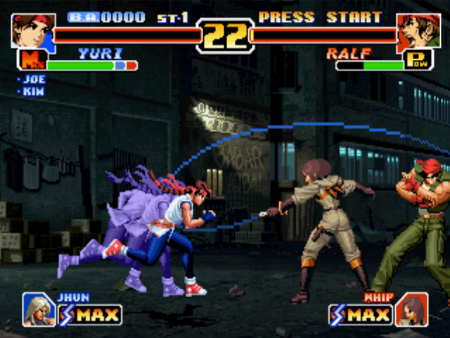 The King of Fighters '99: Millennium Battle (PlayStation) screenshot: Yuri Sakazaki uses his DM Hien Hou'ou Kyaku to try surpass Whip's Striker offensive... And she gets!