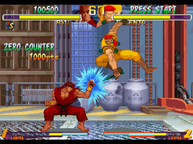 Street Fighter Collection (PlayStation) screenshot: Evil Ryu using the Zero (Alpha) Counter command to "parry" Rolento's Mekong Delta Air Raid move.