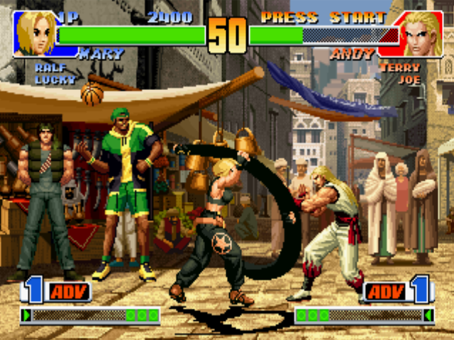 The King of Fighters '98: The Slugfest (PlayStation) screenshot: Blue Mary in an attempt to damage Andy Bogard through the hitting-action of her move Hammer Arch.