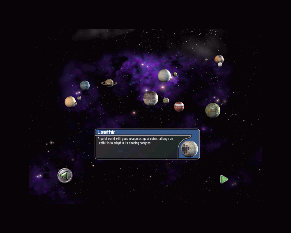 Space Colony (Windows) screenshot: Planet/Mission Select