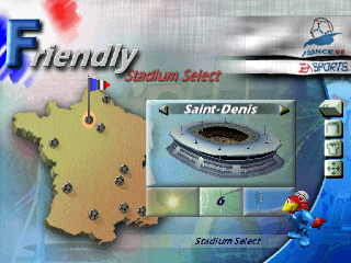 World Cup 98 (PlayStation) screenshot: Select stadium and match conditions.