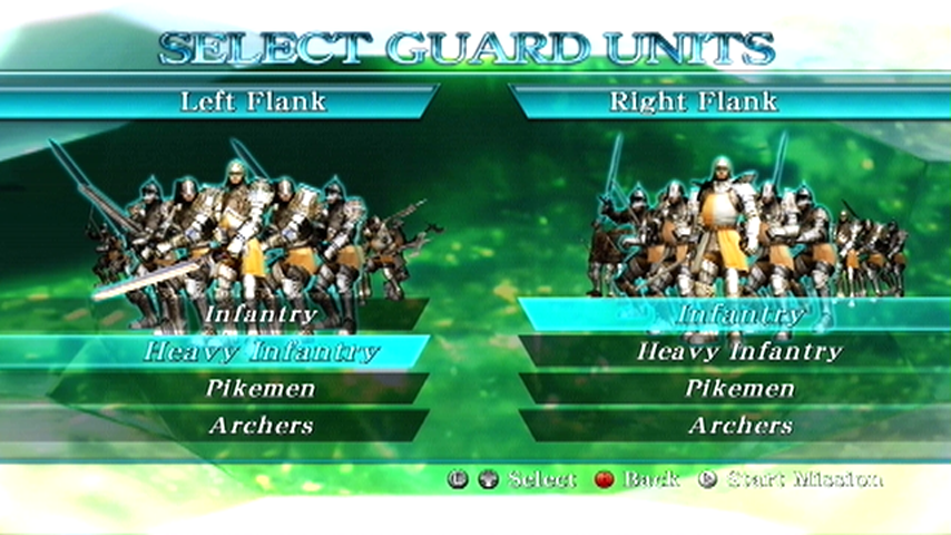 N3: Ninety-Nine Nights (Xbox 360) screenshot: Select guard units for this mission