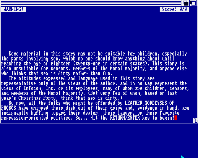 Leather Goddesses of Phobos (Amiga) screenshot: The warning screen