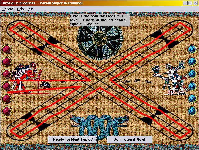 Patolli (Windows) screenshot: The tutorial, showing the way the tokens travel.