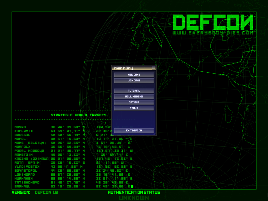 DEFCON: Global Nuclear Domination Game (Windows) screenshot: Title Screen