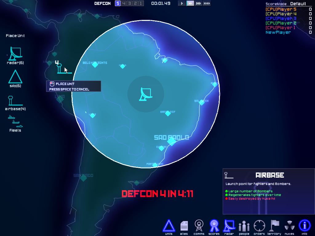 DEFCON: Global Nuclear Domination Game (Windows) screenshot: Start a new game by placing your bases and fleets